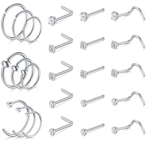 AVYRING 20G Stainless Steel Nose Stud Screws CZ Inlaid Piercing Jewelry, Nose Studs Rings Hoop Set for Women Men, Pack of 24 Pieces