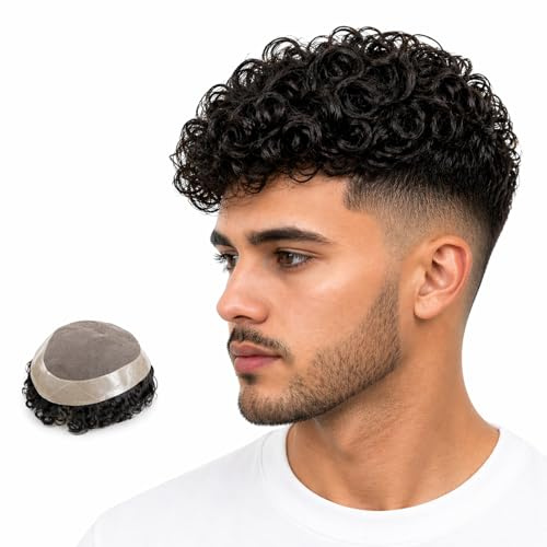 Toupet bouclé homme perruque Mono Base prothèse capillaire système capillaire 100% cheveux humains prothèse capillaire masculine (8 * 10(pouces))