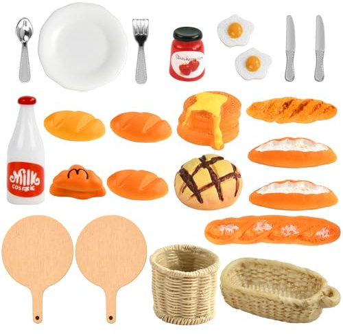 Accessoires Maison de Poupee, 1/12 Mini Food Ensemble de Petit Déjeuner 23 Pièces, Cuisine Objet Miniature avec Pain Vaisselle, Mini Nourriture Accessoires pour Maison Miniature