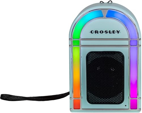 Crosley Mini Jukebox Portable Bluetooth Speaker with 8H+ Playtime - Wireless Indoor Travel Speaker with Lights, Retro Design with Bold Audio, Rechargeable USB-C Party Speakers, Aqua Blue