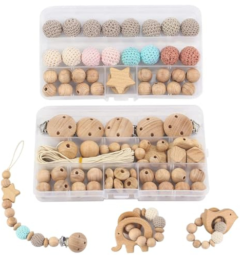 Makrampärlor 84 st/set natrualiska makrame träpärlor DIY virkade träpärlor med träklämmor för baby nappkedja, armband, DIY hantverk och makramar, pärlkit
