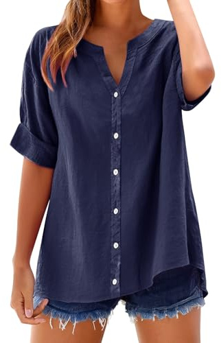 Cihdmfb Blusa de lino para mujer, tallas grandes, verano, algodón y lino, blusa vintage, monocolor, manga corta, informal, cuello en V, muselina, blusa con botones, camiseta larga holgada