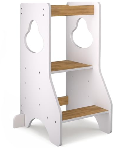 COSYLAND Lernturm ab 1 Jahr - Learning Tower - Höhenverstellbar Montessori Lernturm mit Kippschutz, 3-Fach höhenverstellbar, Weiß und Natur