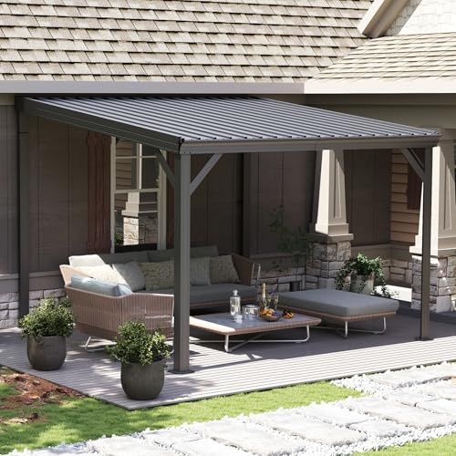 Domi 10’x10’ Lean-to Gazebo, Hardtop Wall-Mounted Gazebo Pergola with Sloping Galvanized Steel Roof and Upgraded Drainage System, Outdoor Permanent Metal Shelters for Patio Backyard Deck, Grey