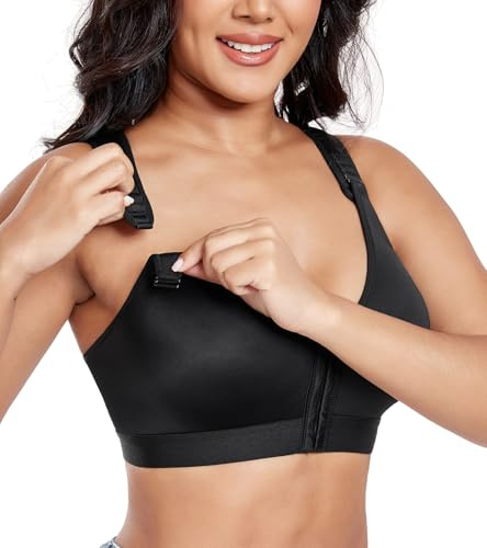 Lemorosy Reggiseno Post-operatorio Chiusura Anteriore Senza Ferretto Regolabile per Forte Sostegno Racerback Comfort Supporto (Nero,4D)