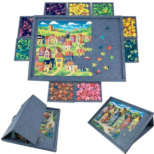 PP OPOUNT Tableau à Puzzles en Feutre Épais Gris Inclinable, Design 2-en-1: Support & Couverture de Protection, Plateau à Puzzles Portatif avec 9 Plateaux, Table à Puzzle Léger en Feutre pour Adultes
