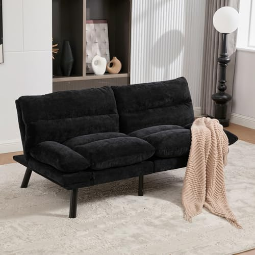 PUGSDRLY Canapé d'angle Convertible 2 Places,Petit Canape 2 Places avec Dossier et Accoudoirs Réglables,Pieds Métalliques,pour Salons,Chambres (Noir)