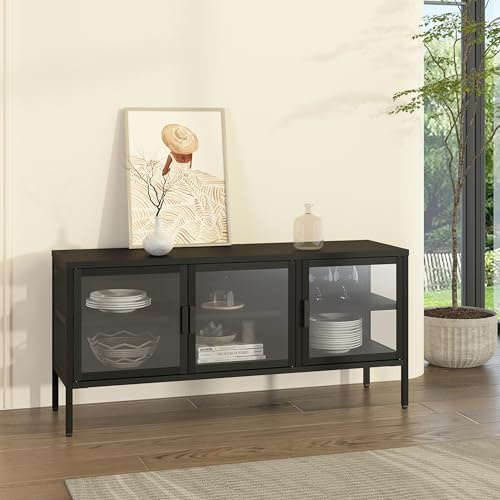 [en.casa] Vitrina Borshavisa Aparador para salón con Estante 3 Puertas de Cristal Transparente Compartimentos Cerrados Mueble Auxiliar para Cocina Comedor Oficina Acero 118 x 35 x 55 cm - Negro