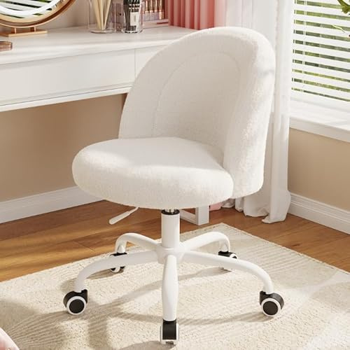 Cliporix Cream White Vanity Chair, Fluffy Teddy Fleece, U-Shaped Back Support, Height Adjustable & 360° Swivel, Armless Makeup Chair for Girls Bedroom, Small Space