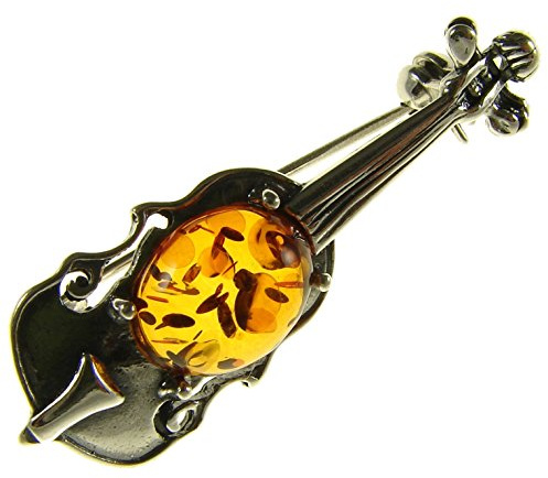 Baltic amber and sterling silver 925 cognac violin musical instrument brooch pin