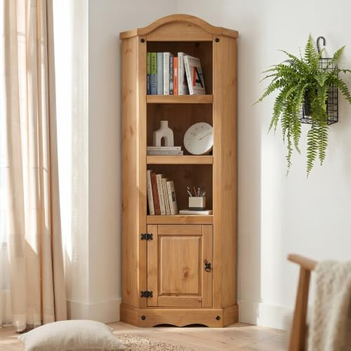 Corona Corner Display Unit Solid Wood Pine Wooden Storage 1 Door Cupboard Dining Room Bookcase Display Cabinet Dresser Kitchen Living Room Hallway Mexican Style 188cm High 74cm Wide 37cm Deep