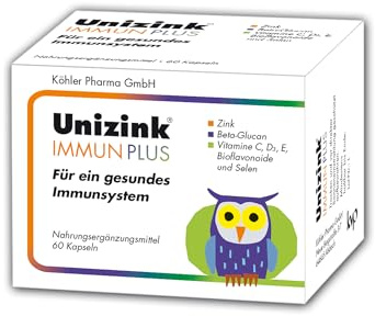 Unizink IMMUN PLUS – Nährstoff-Komplex mit Zink, Vitamin C, D3 und E sowie Selen, Bioflavonoiden und Beta-Glucan, unterstützt eine normale Funktion des Immunsystems, gluten- & laktosefrei, 60 St