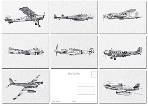 Felicitas WW2 Postcards Aircraft 8 Pack - German Military Set - Fine Art Black and White A6 - World War Two Luftwaffe Airplanes - Deluxe Classic Retro Past Old Vintage Style - Made in UK Exclusive to