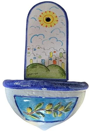 FONTANA A MURO IN CERAMICA DIPINTA A MANO (COMPOSTA DA 2 PEZZI: PANNELLO E VASCA); ALTEZZA CM. 56, LARGHEZZA CM. 37 MADE IN ITALY