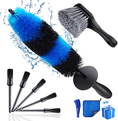 lesasas 9PCS Car Detailing Brushes Set for Wheel Cleaning, 17In Rotating Wheel Brush, Car Cleaner Kit, Short Handle Feather Tire & Rim Cleaning Tool for Dust Remove and Dirty Tyre Washing
