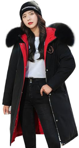 ANUFER Mujer Reversible Chaqueta Acolchada Cálida Invierno Capucha de Piel Sintética Abrigos Negro & Rojo SN071108 2XL