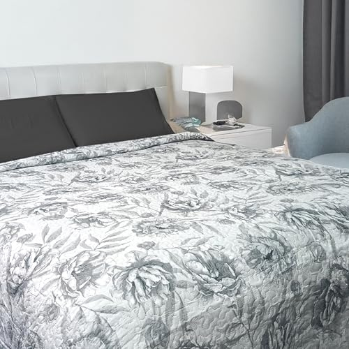 Home Tresor - Copriletto Matrimoniale Primaverile Estivo | Trapuntino Quilt Leggero 100 gr/mq | Copriletto 2 Piazze Fantasie Moderne Ampia Misura cm. 250 x 250 Flower Grey 3