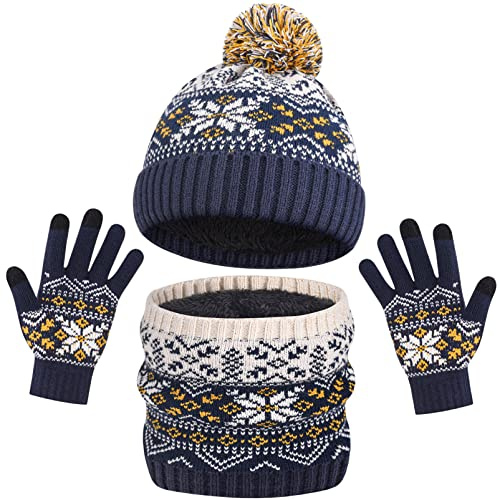 AOTOW Boys Hat Scarf and Gloves Set - Girls Kids Hat and Gloves Set 3pcs Winter Thermal Knitted Beanie Cap & Circle Scarf & Mittens with Fleece Lining for Children Warm 5-10 Years Old/Blue
