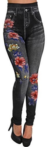 Fioeyr Women Denim Jeans Leggings Jeggings Skinny Pants High Waisted Stretchy Denim Printed Flowers Pants Denim Look Ripped Legging Jeggings