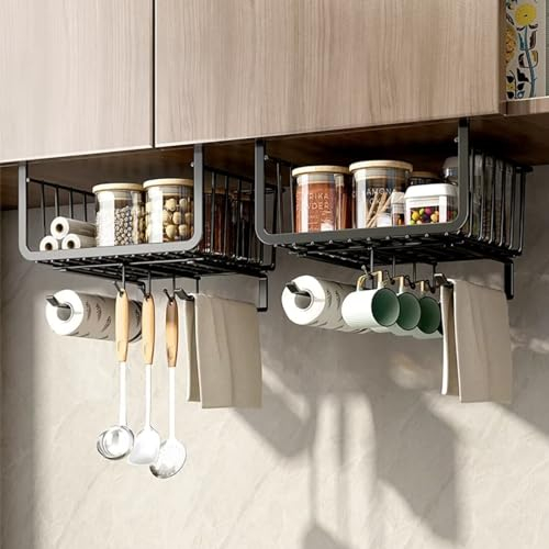 Hovoto Hängekorb Regal, 2 Stück Unterregal Aufbewahrungskorb, Schrankkorb Zum Einhängen, Hängekorb aus Metall, Unter Schrank Lagerung Organizer, Regaleinhängekorb für Küche, Büro, Bad