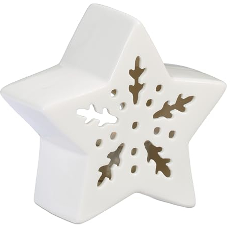 Relaxdays Portacandele in Ceramica, Stella Luminosa Porta-Tealight, per 1 Candelina, HLP: 11 x 12 x 5,5 cm, Bianco
