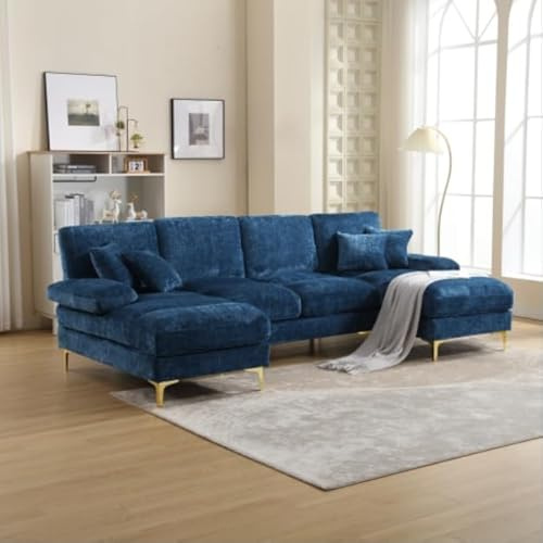 Moderno grande tessuto ciniglia a forma di U Combinazione Divano con doppia sedia Toffee e memory foam 272x136x88cm Mobili spaziosi (ciniglia, blu)