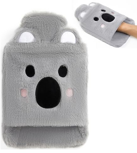 Dasellfa Borsa Acqua Calda, Scaldamani, Dell'acqua Borsa Acqua Calda Peluche, Rimovibile e Lavabile, Con Tasca A Marsupio, Sicura e Calda Comfort,per Mano Piede Caldo 2L Bottiglia (Grey kaola)