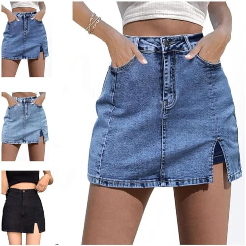 Faldas Vaqueras para Mujer, Falda Vaquera elástica Informal de Cintura Alta, Falda Vaquera de Verano de Moda con Abertura Lateral y Pantalones Cortos Debajo. (Blue,XXL)