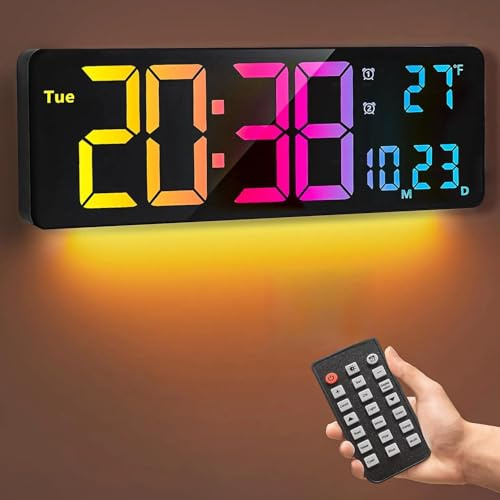 Digital väggklocka, 16 tums stor digitalklocka med 11 RGB-färger, klockslag, datum, temperatur, vecka, timer, 12/24 timmar, automatisk dimming, för vardagsrum/klassrum/gym/kyrka/butik/trädgård