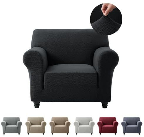 Hafaa High Stretch Sofa Cover – Elastic Fit Chair Covers Non Slip Sofa Slipcovers Jacquard Spandex T Shape Couch Armchair Cover Super Soft Washable Furniture Protector for Kids/Pets (1 Seater, Black)