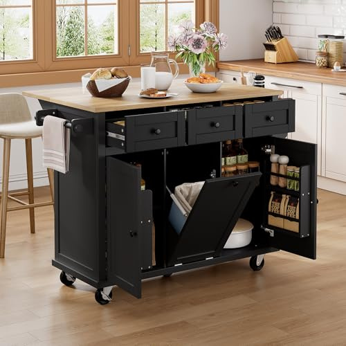 KUAKE Küchenwagen mit Mülltrennsystem,Rollender Kücheninsel mit abklappbarer Arbeitsplatte,Buffetschrank,2 Schubladen und 4 Türen,für Küche und Esszimmer 112×74.6×94.2 cm (Schwarz)