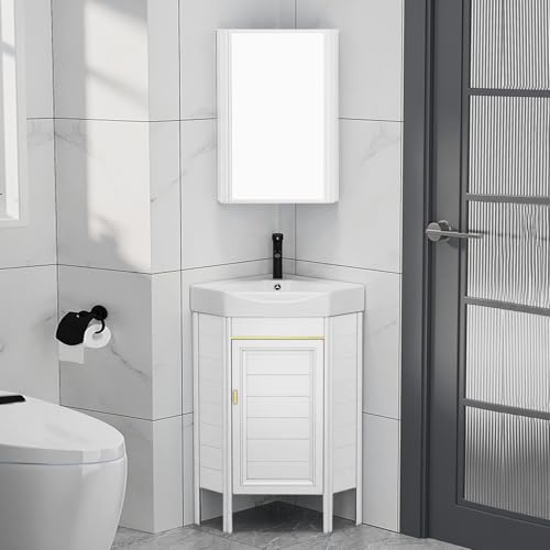 Hörnhandfat med medicinskåp - kompakt golvdesign, keramisk handfat för små badrum (vit, 38 cm/15 tum)