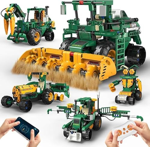 Tecnología de robot infantil, 5 en 1, kit de montaje con aplicación y control remoto RC Technic Robot/tractor/combinador/carro de agua, 313 piezas RC programable regalo para niños 5 6 7 8 10 años