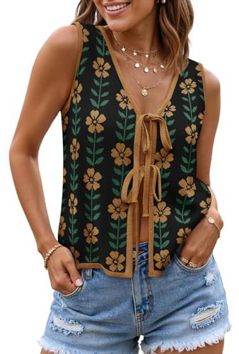 ZESICA Women's Tie Front Sweater Vest Summer Print Sleeveless Knit Y2k Tank Tops 2026 Trendy Clothes Outfits Black Medium