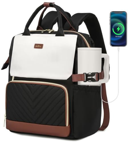 VANKANY Bookbag for Women Laptop Backpack, Teacher Nurse Work Computer Bags with Cup Holder & USB Charger for Travel, School Bag College Back Pack for Girls, BlackWhiteBrown