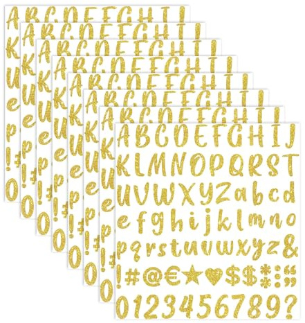 Bubaxuce 648 Piezas Pegatinas De Letras Doradas Brillosas Abecedario Números Adhesivos 8 Hojas Pegatinas De Vinilo Autoadhesivas para Gorro De Graduación Scrapbooking