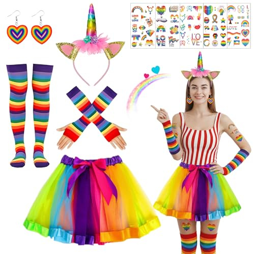 WZBBJuser Disfraz de arco iris para mujer, disfraz de carnaval, falda de tul colorida, diadema de colores, calcetines de arco iris hasta la rodilla, guantes sin dedos, pendientes de corazón y tatuajes