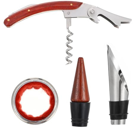 SUPVOX Ouvre-Bouteille à Vin en Bois Rouge 3 Pièces Collier en Tissu, Bec Verseur et Tire-Bouchon en Acier Inoxydable, Kit D’Accessoires pour Bar et Dégustation de Vin