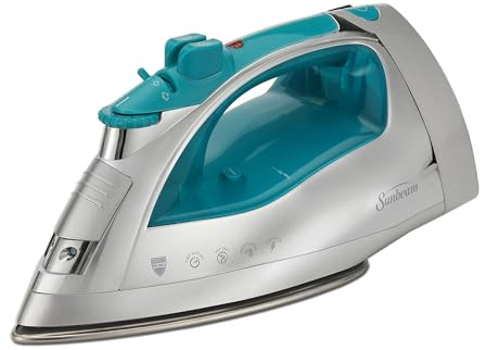 Sunbeam Turbo Steam Iron 1400W Quick Heat Stainless Steel Soleplate Shot of Steam Horizontal and Vertical 3 Way Auto Off 240ml Water Tank White Teal