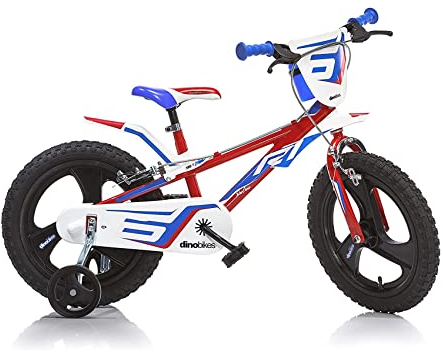 Dino Bikes Kinderfahrrad Jungen 14 Zoll mit Bremsen am Lenker Stützräder Rot Blau Weiss