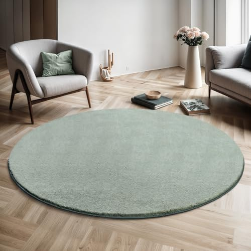 the carpet Relax Modern Fluffy Short Pile Rug, Non-Slip Underside, Washable up to 30 °C, Super Soft, Fur Look, Green, 120 x 120 cm, Round