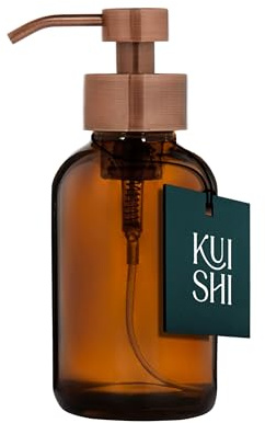 Kuishi Dispenser di sapone liquido schiumogeno in vetro ambrato con pompa in bronzo, flacone di sapone riciclato da 500 ml, contenitore in vetro ambrato protettivo UV, pompa nera priva di BPA