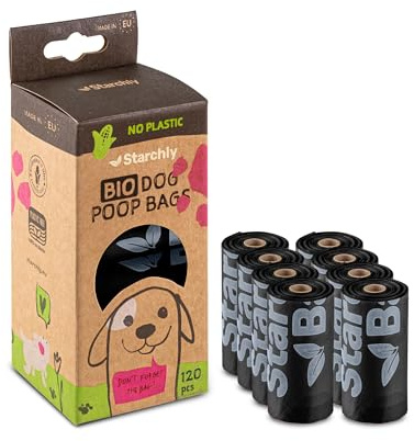 Starchly Sacchetti compostabili per escrementi di cani, ecologici, a prova di perdite, materiali a base di amido, 120 sacchetti (8 rotoli da 15), nero