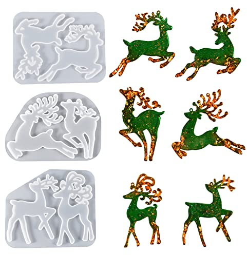 Bekecidi 3 PCS Christmas Resin Moulds, Elk Shape Silicone Moulds Epoxy Resin Crafts Casting Mold DIY Silicone Pendant Mold for Christmas Tree Keychain Home Decor Crafts Gifts