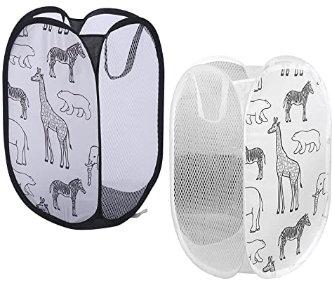 Hwtcjx 2 Pezzi Cestino Pieghevole con Manici Pop Up, Cesto Pieghevole Infantile di Tessuto, Cesto Portabiancheria in Rete, Cestino Organizzatore per Vestiti e Giocattoli, 30x30x48cm (Bianco e Nero)