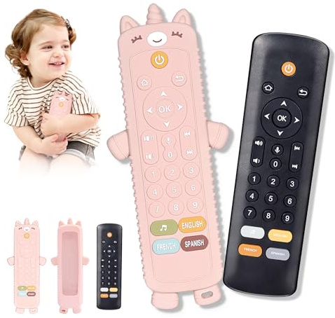 Baby Remote Control Toy with Silicone Teether Cover - Baby Musical Toys, Early Number Learning in 3 Languages (English, Spanish & French), Preschool Infant Girl Toys 6, 9, 12, 18 Month.