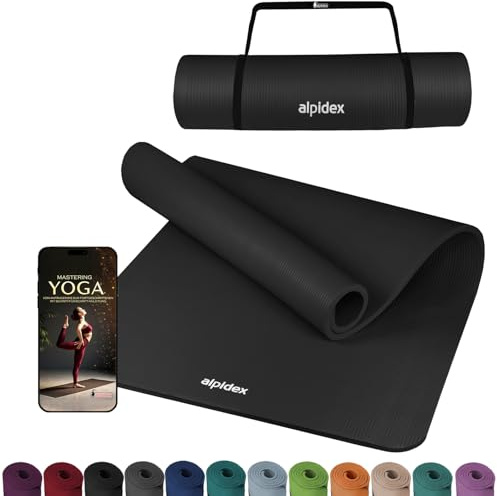 ALPIDEX Tappetino Yoga Extra Spesso 1,5cm Tappeto Fitness NBR 3 Larghezze E-Book Antiscivolo Cinghia Trasporto Aerobica Palestra Ginnastica Pilates Allenamento Casa, Black, 190 x 80 x 1.5 cm