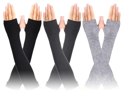 WLLHYF 3 Paar Kaschmir Feel Handgelenk Fingerlose Handschuhe mit Daumenloch Winter-Strick-Fingerlose Handschuhe Armstulpen (Dunkelgrau + Hellgrau + Schwarz)