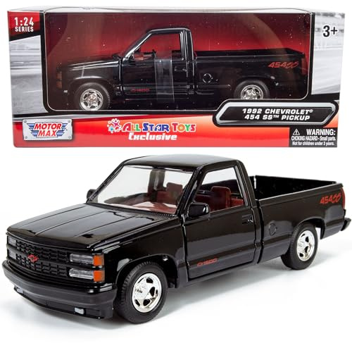 All Star Toys 1992 Chevy 454SS Pickup Truck 1/24 Scale Diecast Model Car Black with Red Interior Motormax 73203 Exclusive Edition