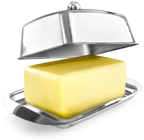 COM-FOUR® beurrier en acier inoxydable - grand beurrier en acier inoxydable - beurrier avec couvercle et poignée - lavable au lave-vaisselle - avec bouton (Acier inoxydable - avec bouton)